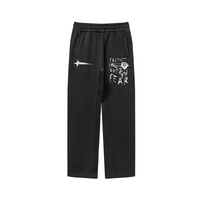 Black pants with white text and design on a white background