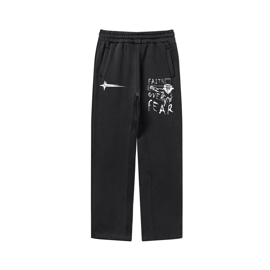Black pants with white text and design on a white background