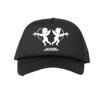 Black cap with white graphic design and text on a white background