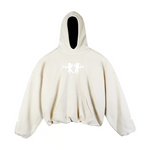 White hoodie with a white angel graphic design on a white background