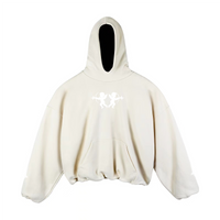 White hoodie with a white angel graphic design on a white background