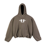 Brown hoodie with a white angel graphic on a white background