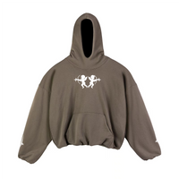 Brown hoodie with a white angel graphic on a white background