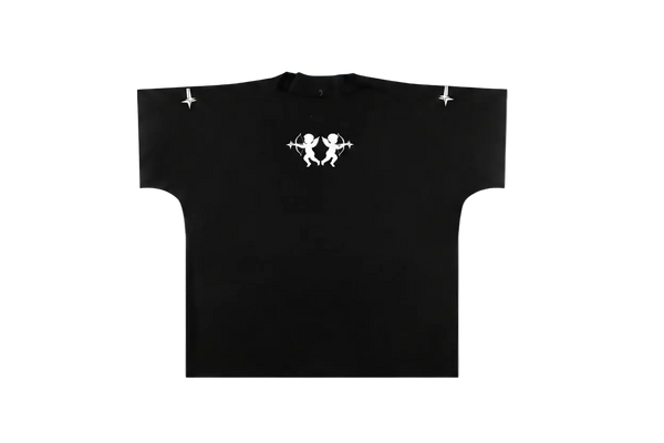 Black raw hem boxy t-shirt with a small white twin cherub archer graphic on the chest