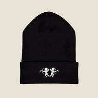 Black Embroidered Cherubim Cuffed Beanie, front, with twin white cherubim embroidered on the cuff