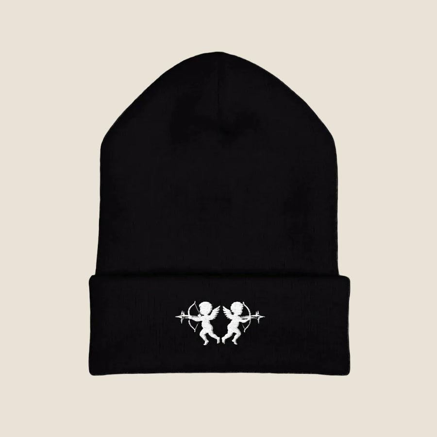 Black Embroidered Cherubim Cuffed Beanie, front, with twin white cherubim embroidered on the cuff