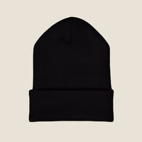 Back of the black Embroidered Cherubim Cuffed Beanie showing the plain ribbed cuff