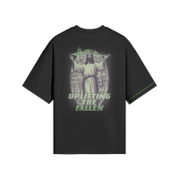 Back of the black WG Uplifted Tee showing a green and purple graphic of Christ with arms outstretched above the words Uplifting the Fallen