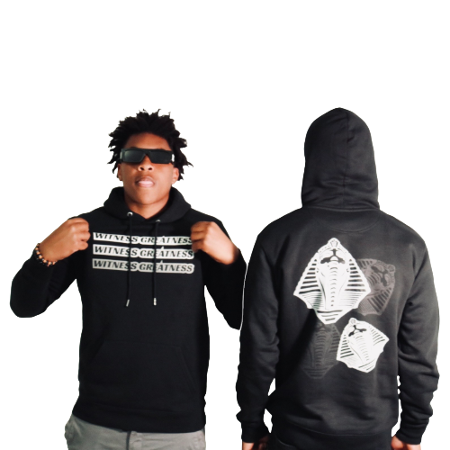 Two models in the black WG Hoodie, front and back, showing the stacked Witness Greatness bars and the pharaoh graphic