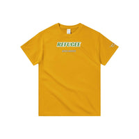 Gold We Had To Flee Tee in a boxier cut, front, with the green and white REFUGEE chest print