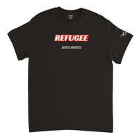 Black We Had To Flee Tee, front, with REFUGEE printed in red and white