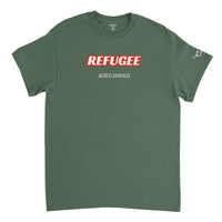 Military green We Had To Flee Tee, front, with REFUGEE printed in red and white