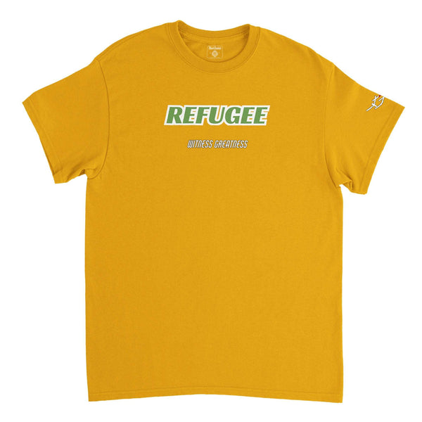 Gold We Had To Flee Tee, front, with REFUGEE printed in green above the Witness Greatness wordmark